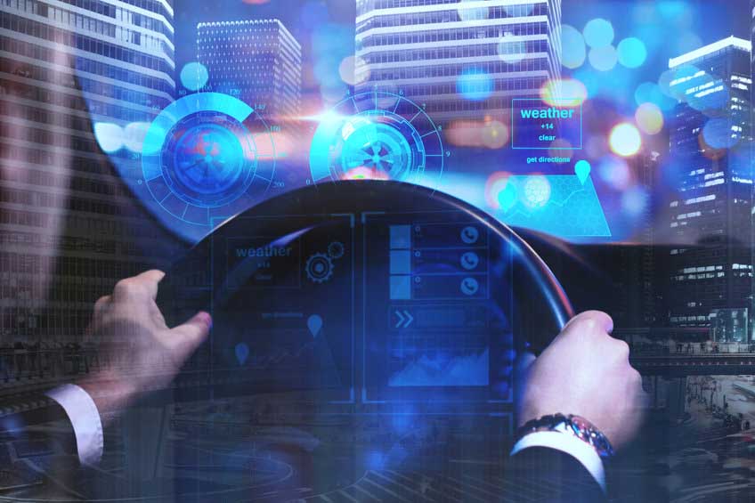 Businessman driving car with digital business interface on abstract night city background. Future and innovation concept. Double exposure